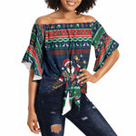 Nigeria Christmas Naija Santa Off Shoulder Wrap Waist Top Zuma Rock Eagle Ugly Xmas Pixel Art