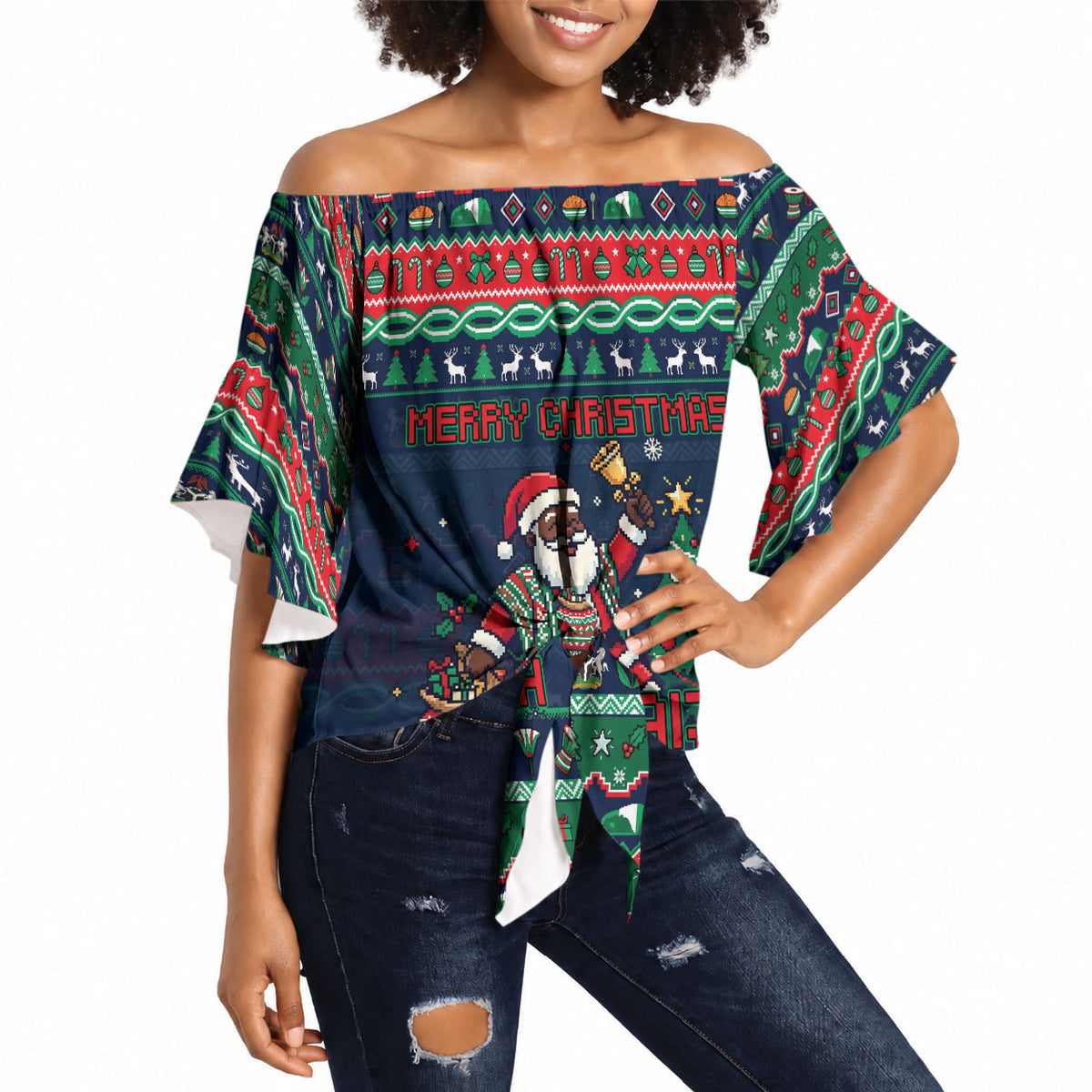 Nigeria Christmas Naija Santa Off Shoulder Wrap Waist Top Zuma Rock Eagle Ugly Xmas Pixel Art
