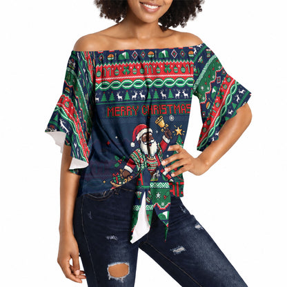 Nigeria Christmas Naija Santa Off Shoulder Wrap Waist Top Zuma Rock Eagle Ugly Xmas Pixel Art