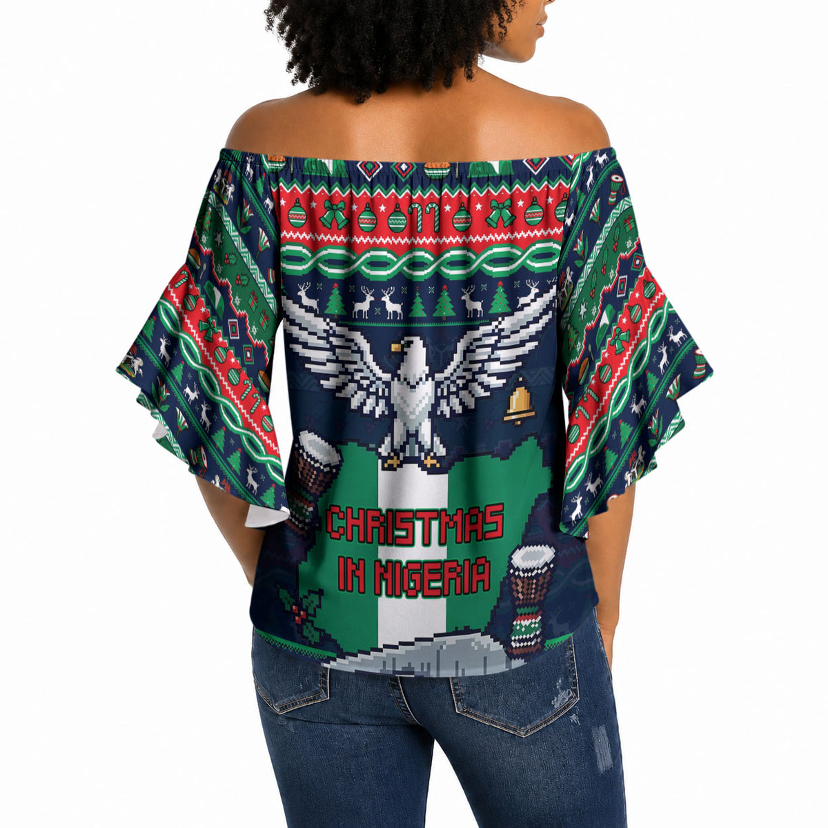 Nigeria Christmas Naija Santa Off Shoulder Wrap Waist Top Zuma Rock Eagle Ugly Xmas Pixel Art