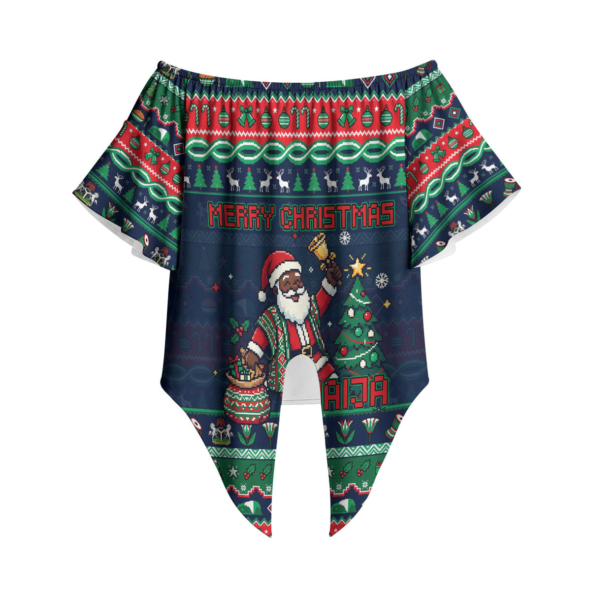 Nigeria Christmas Naija Santa Off Shoulder Wrap Waist Top Zuma Rock Eagle Ugly Xmas Pixel Art