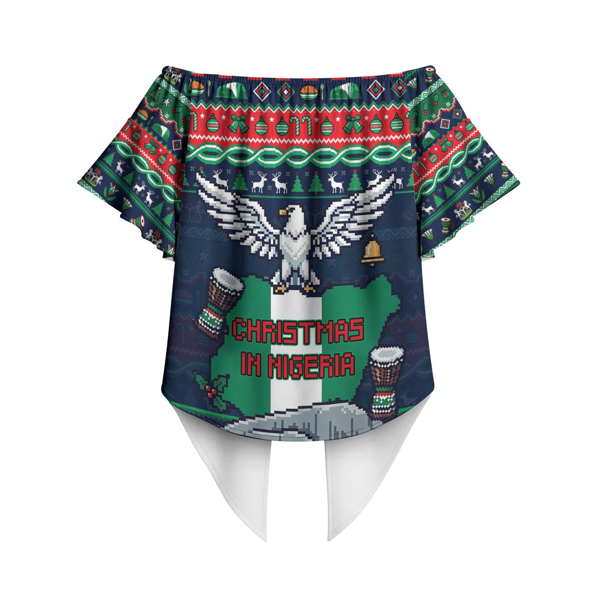 Nigeria Christmas Naija Santa Off Shoulder Wrap Waist Top Zuma Rock Eagle Ugly Xmas Pixel Art