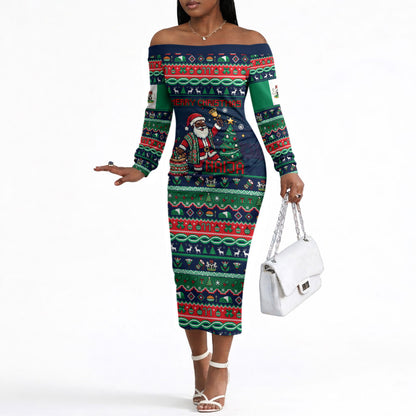 Nigeria Christmas Naija Santa Off The Shoulder Long Sleeve Dress Zuma Rock Eagle Ugly Xmas Pixel Art