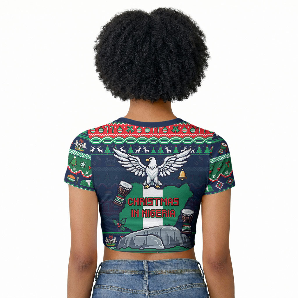 Nigeria Christmas Naija Santa Raglan Cropped T shirt Zuma Rock Eagle Ugly Xmas Pixel Art