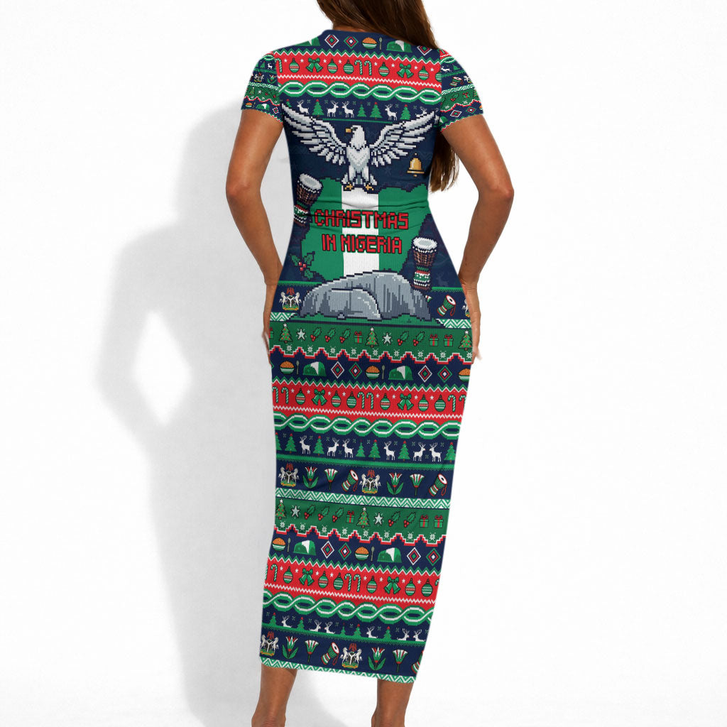 Nigeria Christmas Naija Santa Short Sleeve Bodycon Dress Zuma Rock Eagle Ugly Xmas Pixel Art