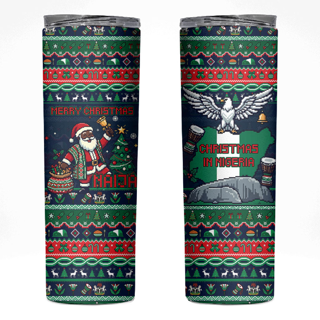 Nigeria Christmas Naija Santa Skinny Tumbler Zuma Rock Eagle Ugly Xmas Pixel Art