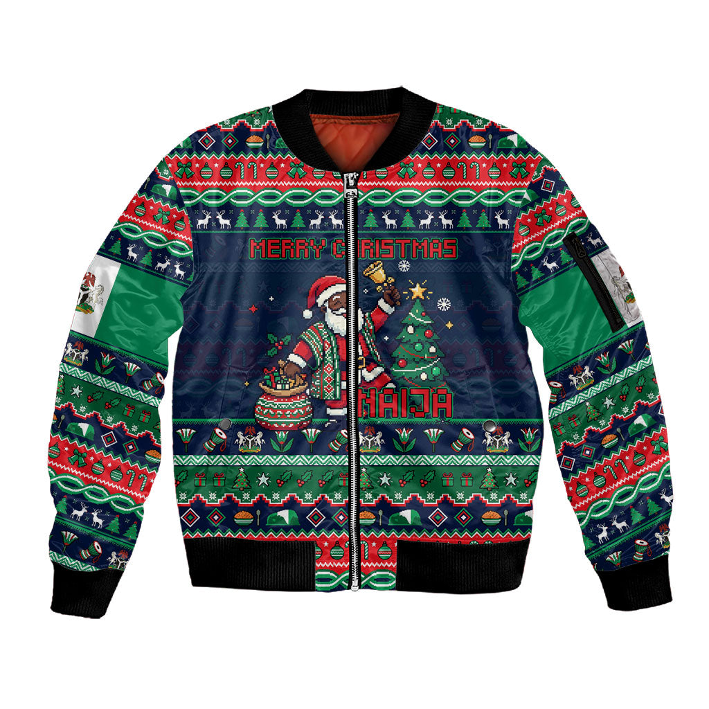 Nigeria Christmas Naija Santa Sleeve Zip Bomber Jacket Zuma Rock Eagle Ugly Xmas Pixel Art