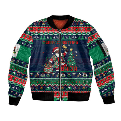 Nigeria Christmas Naija Santa Sleeve Zip Bomber Jacket Zuma Rock Eagle Ugly Xmas Pixel Art