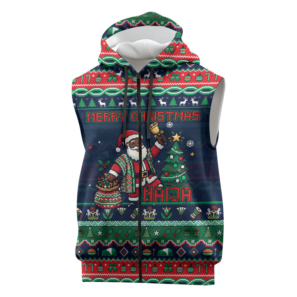 Nigeria Christmas Naija Santa Sleeveless Zip Hoodie Zuma Rock Eagle Ugly Xmas Pixel Art