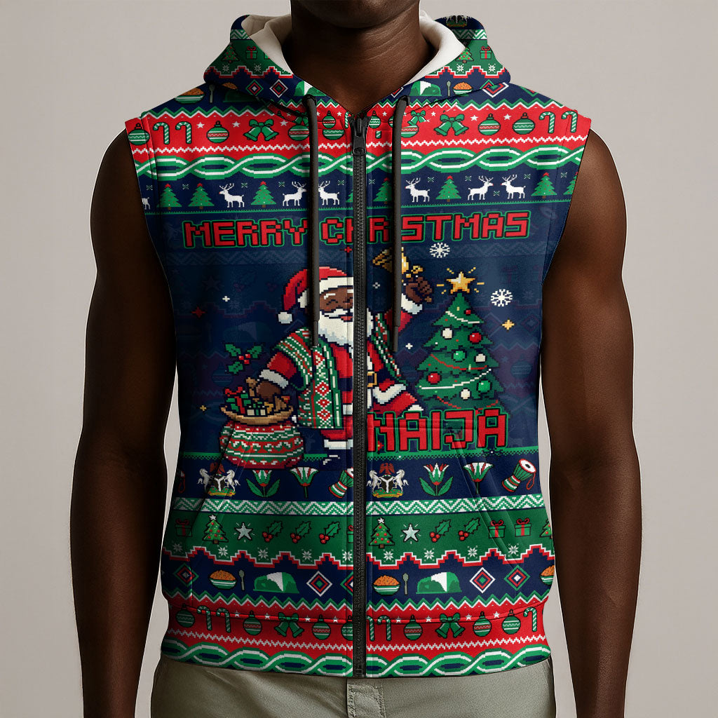 Nigeria Christmas Naija Santa Sleeveless Zip Hoodie Zuma Rock Eagle Ugly Xmas Pixel Art