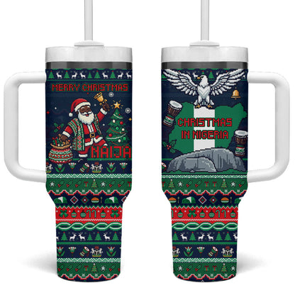 Nigeria Christmas Naija Santa Tumbler With Handle Zuma Rock Eagle Ugly Xmas Pixel Art