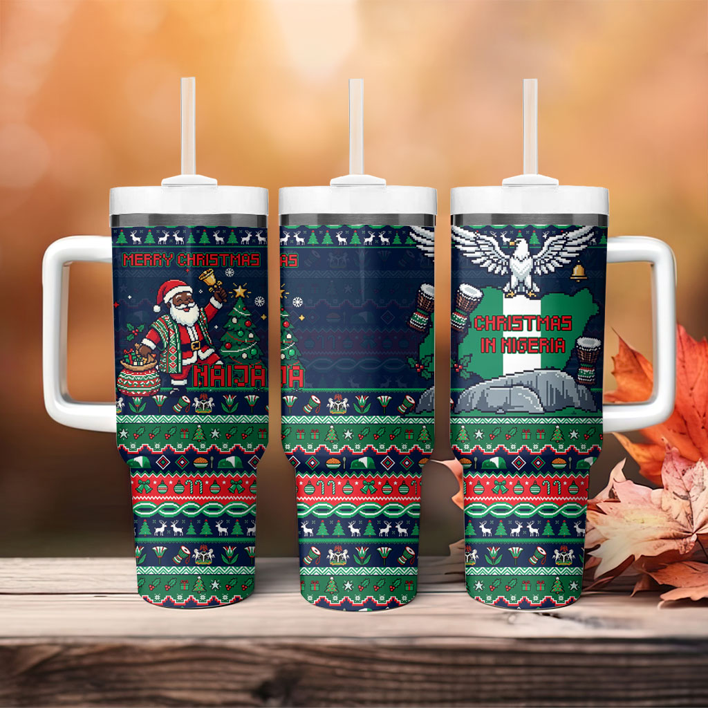 Nigeria Christmas Naija Santa Tumbler With Handle Zuma Rock Eagle Ugly Xmas Pixel Art