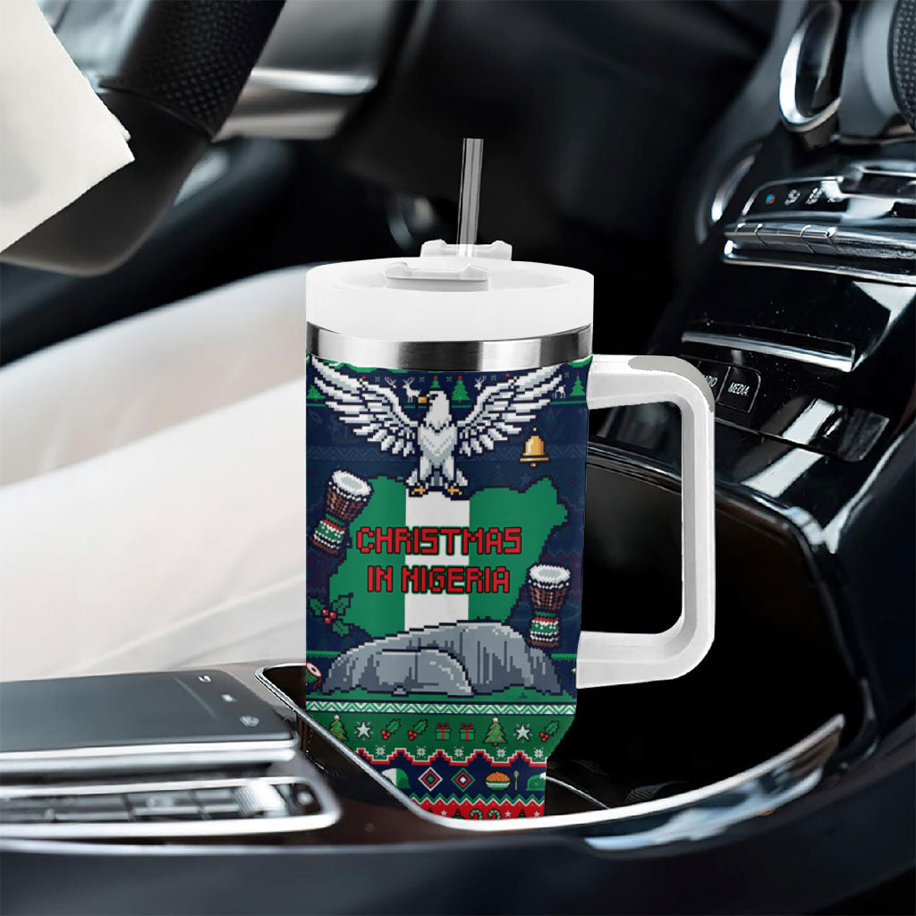 Nigeria Christmas Naija Santa Tumbler With Handle Zuma Rock Eagle Ugly Xmas Pixel Art