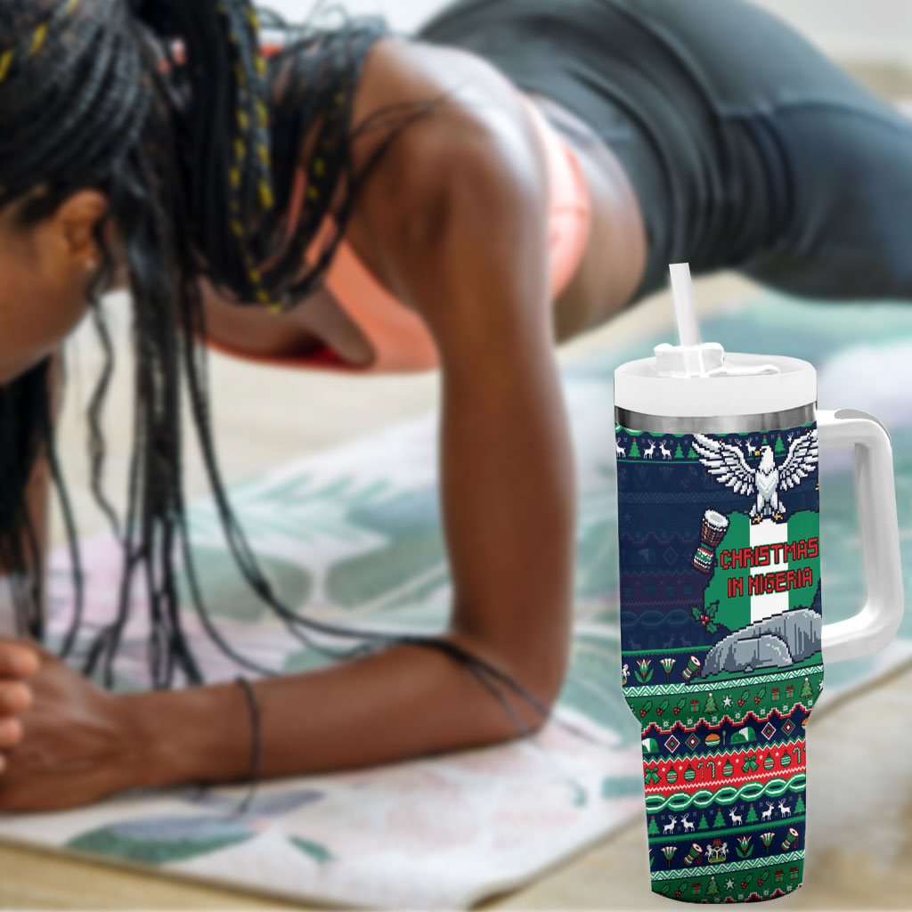 Nigeria Christmas Naija Santa Tumbler With Handle Zuma Rock Eagle Ugly Xmas Pixel Art