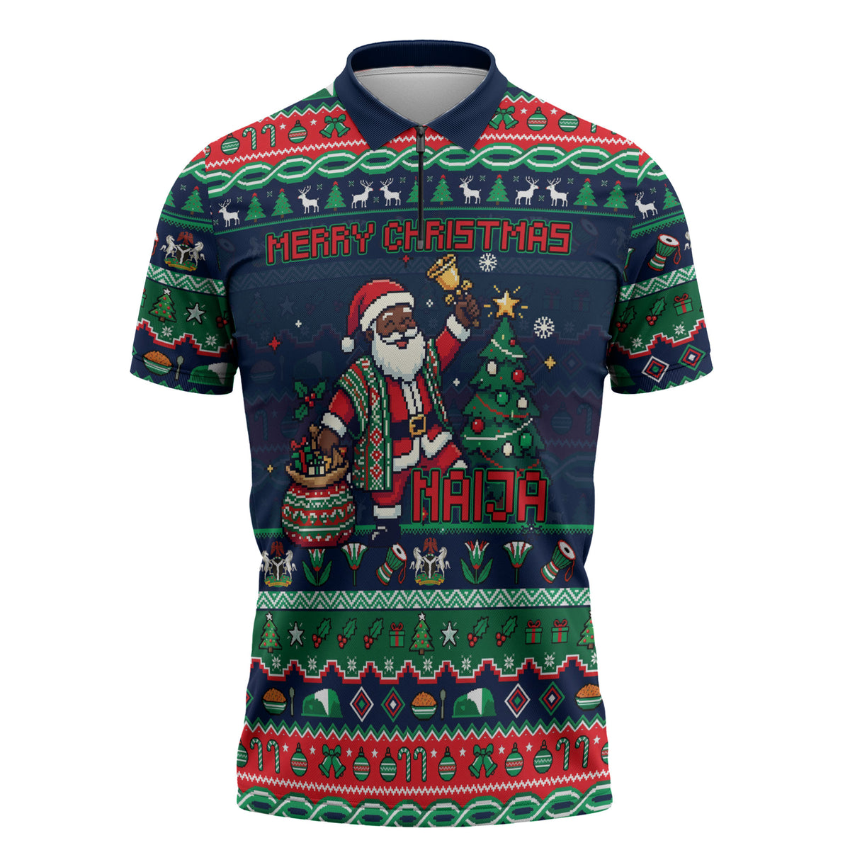 Nigeria Christmas Naija Santa Zipper Polo Shirt Zuma Rock Eagle Ugly Xmas Pixel Art