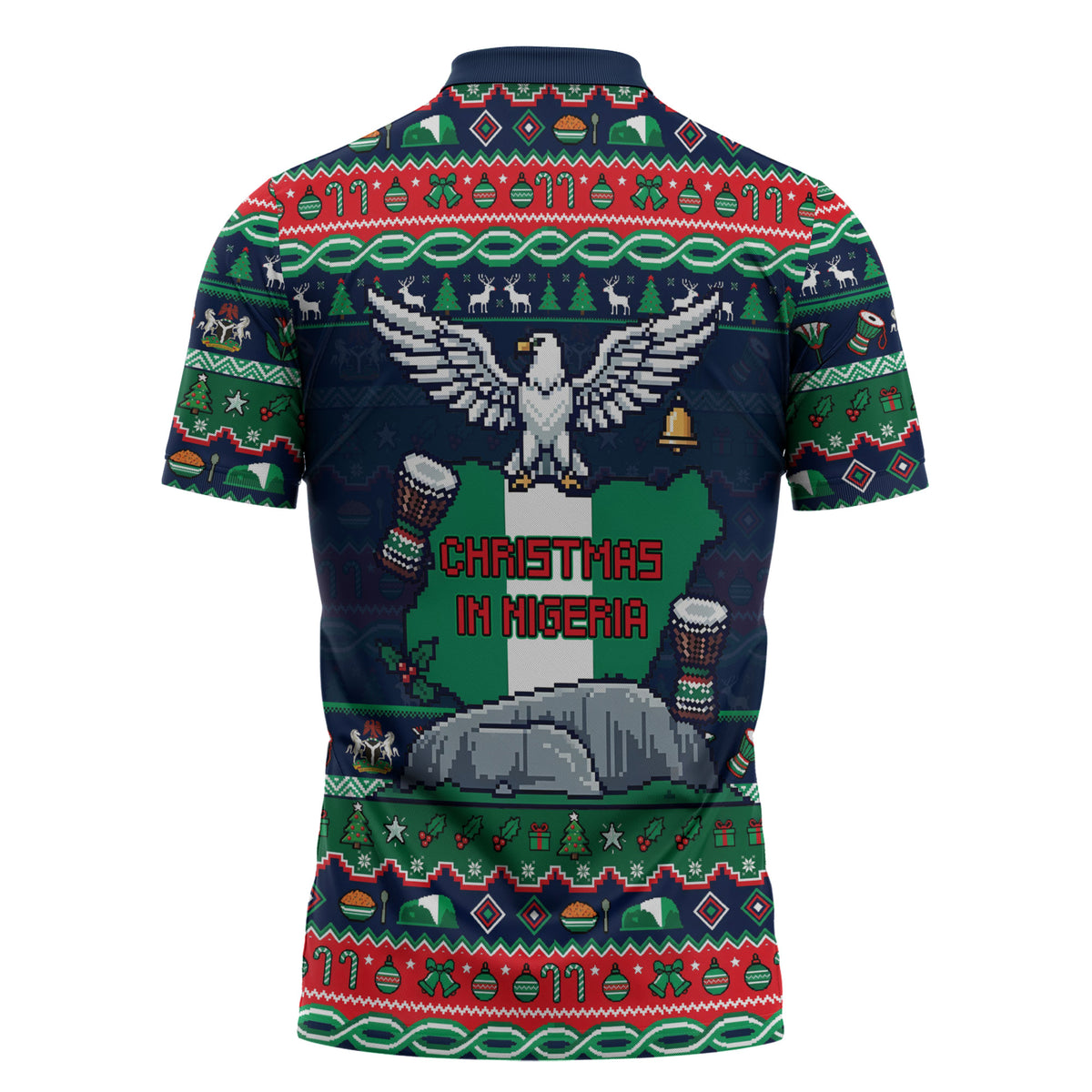 Nigeria Christmas Naija Santa Zipper Polo Shirt Zuma Rock Eagle Ugly Xmas Pixel Art