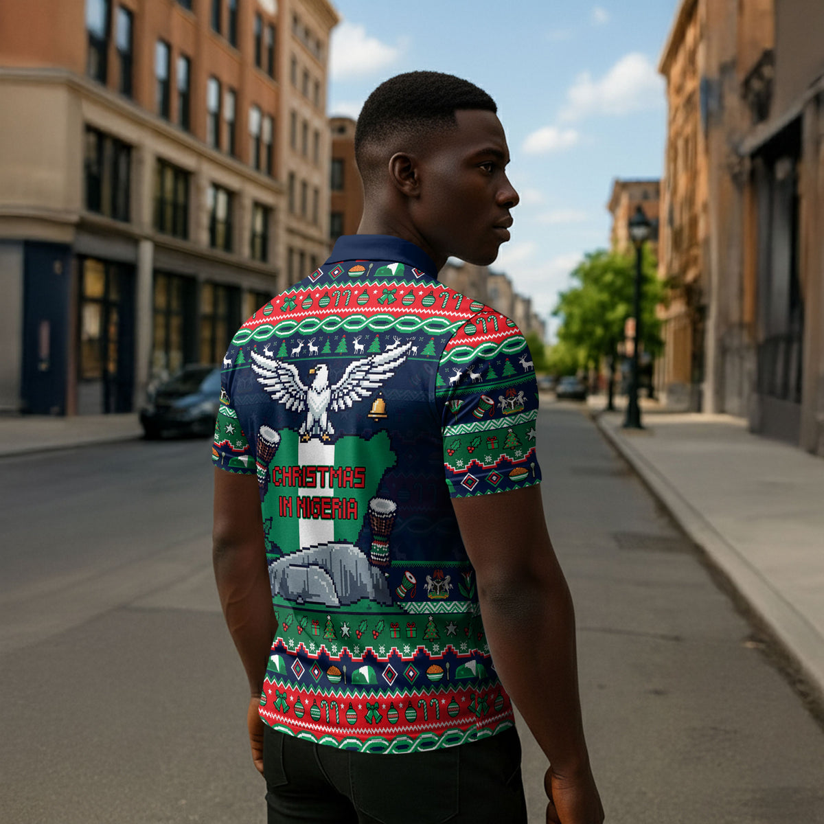 Nigeria Christmas Naija Santa Zipper Polo Shirt Zuma Rock Eagle Ugly Xmas Pixel Art