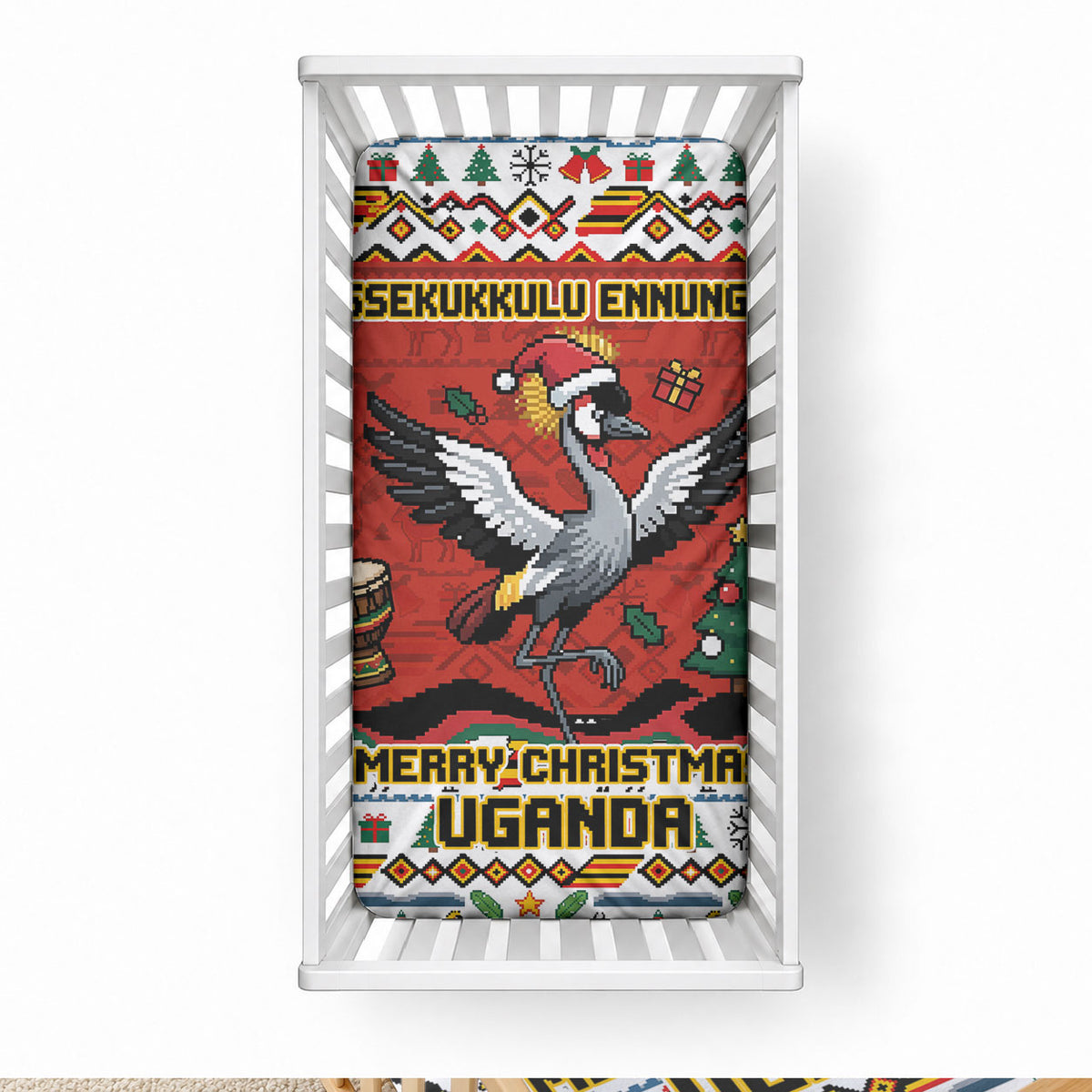 Uganda Christmas Crested Crane Baby Bed Cover Ugandan Kob - Map Flag - Ssekukkulu Ennungi - Ugly Pixel Art