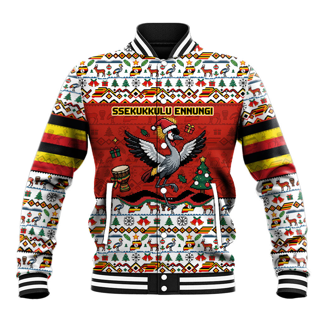 Uganda Christmas Crested Crane Baseball Jacket Ugandan Kob - Map Flag - Ssekukkulu Ennungi - Ugly Pixel Art