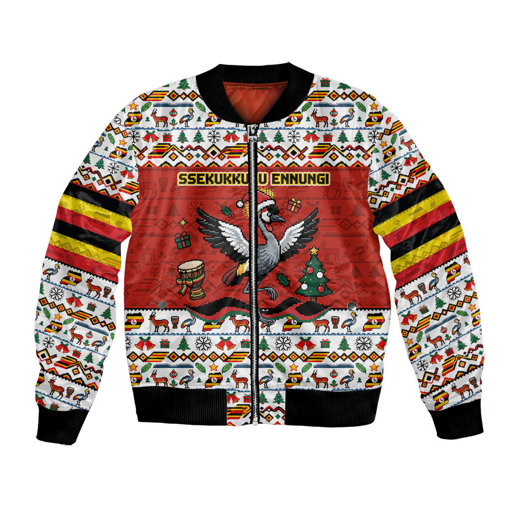 Uganda Christmas Crested Crane Bomber Jacket Ugandan Kob - Map Flag - Ssekukkulu Ennungi - Ugly Pixel Art