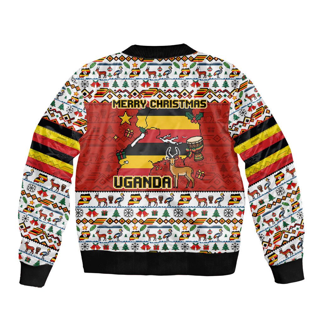 Uganda Christmas Crested Crane Bomber Jacket Ugandan Kob - Map Flag - Ssekukkulu Ennungi - Ugly Pixel Art