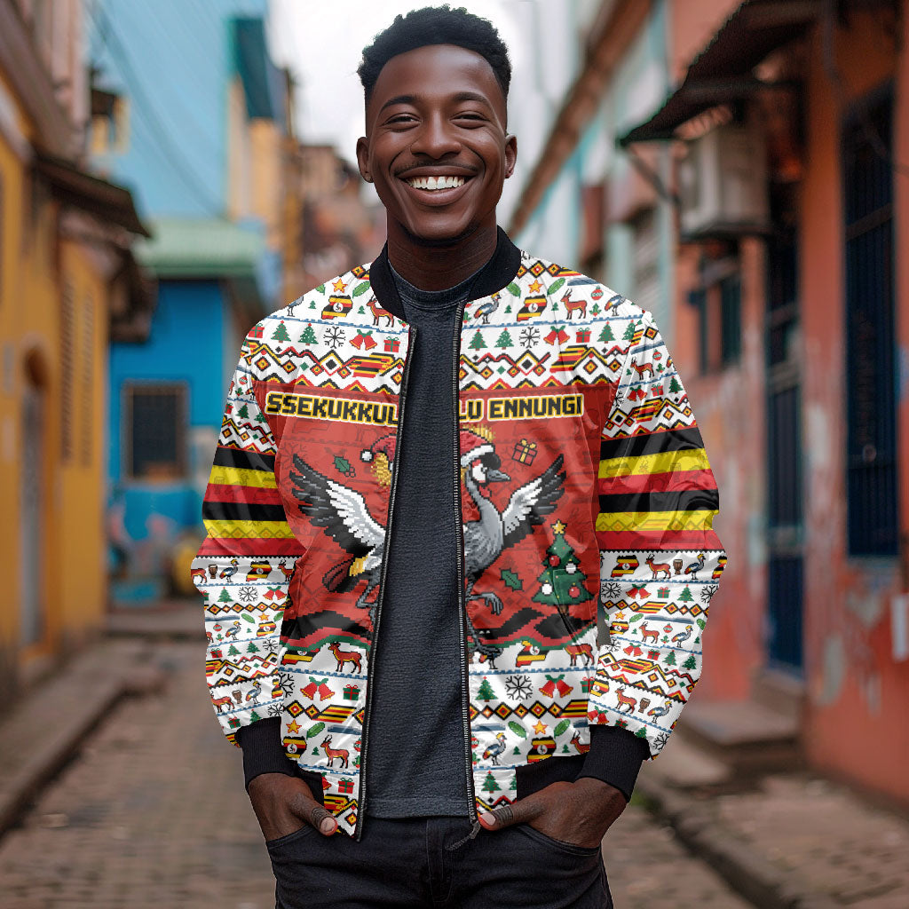 Uganda Christmas Crested Crane Bomber Jacket Ugandan Kob - Map Flag - Ssekukkulu Ennungi - Ugly Pixel Art