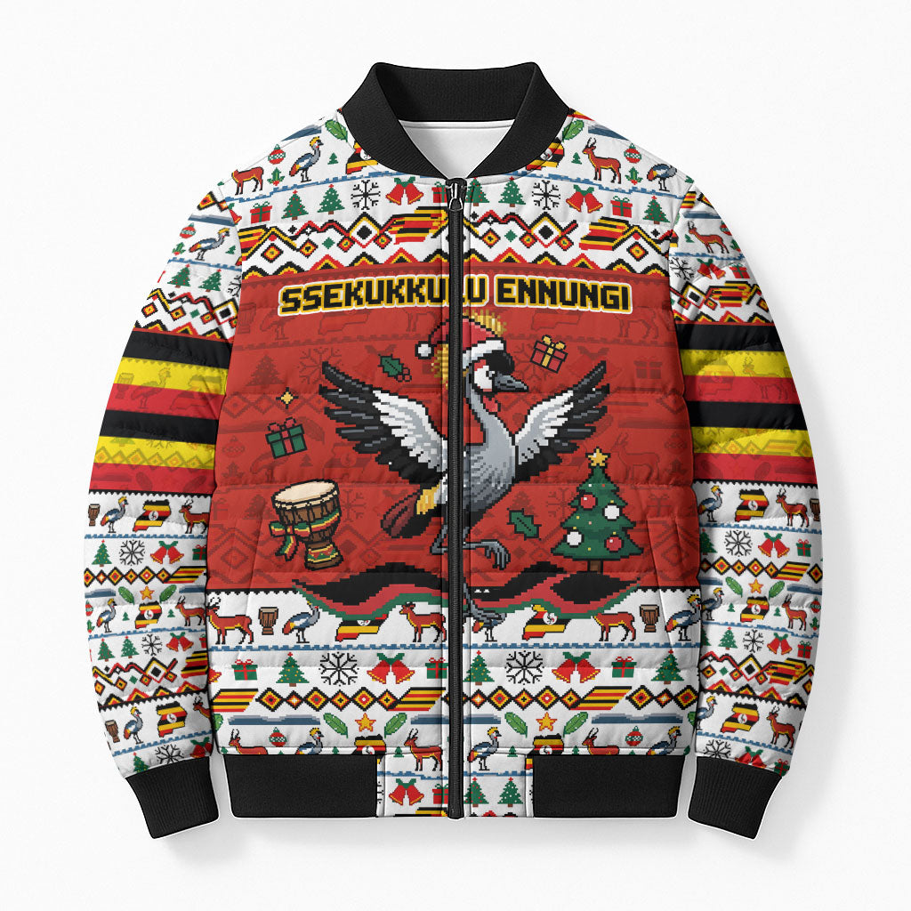 Uganda Christmas Crested Crane Bomber Puffer Jacket Ugandan Kob - Map Flag - Ssekukkulu Ennungi - Ugly Pixel Art