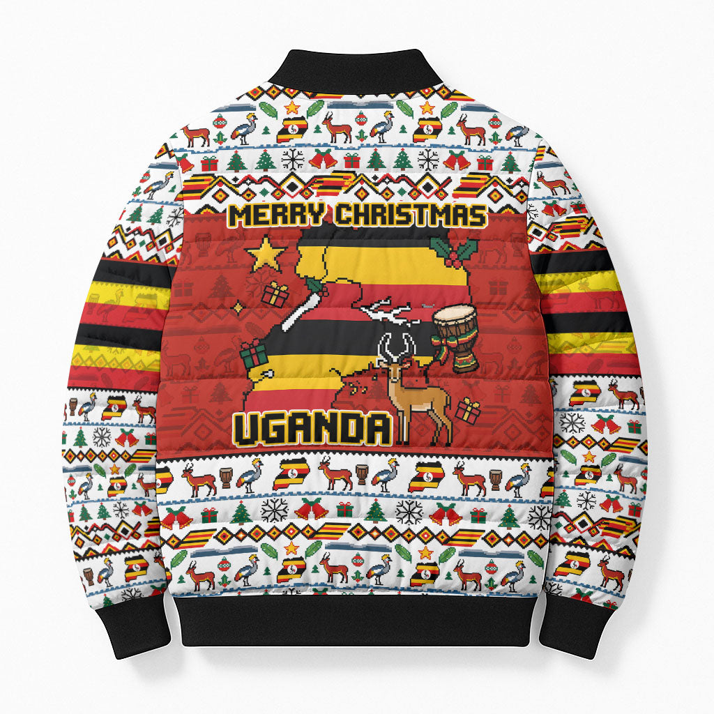 Uganda Christmas Crested Crane Bomber Puffer Jacket Ugandan Kob - Map Flag - Ssekukkulu Ennungi - Ugly Pixel Art