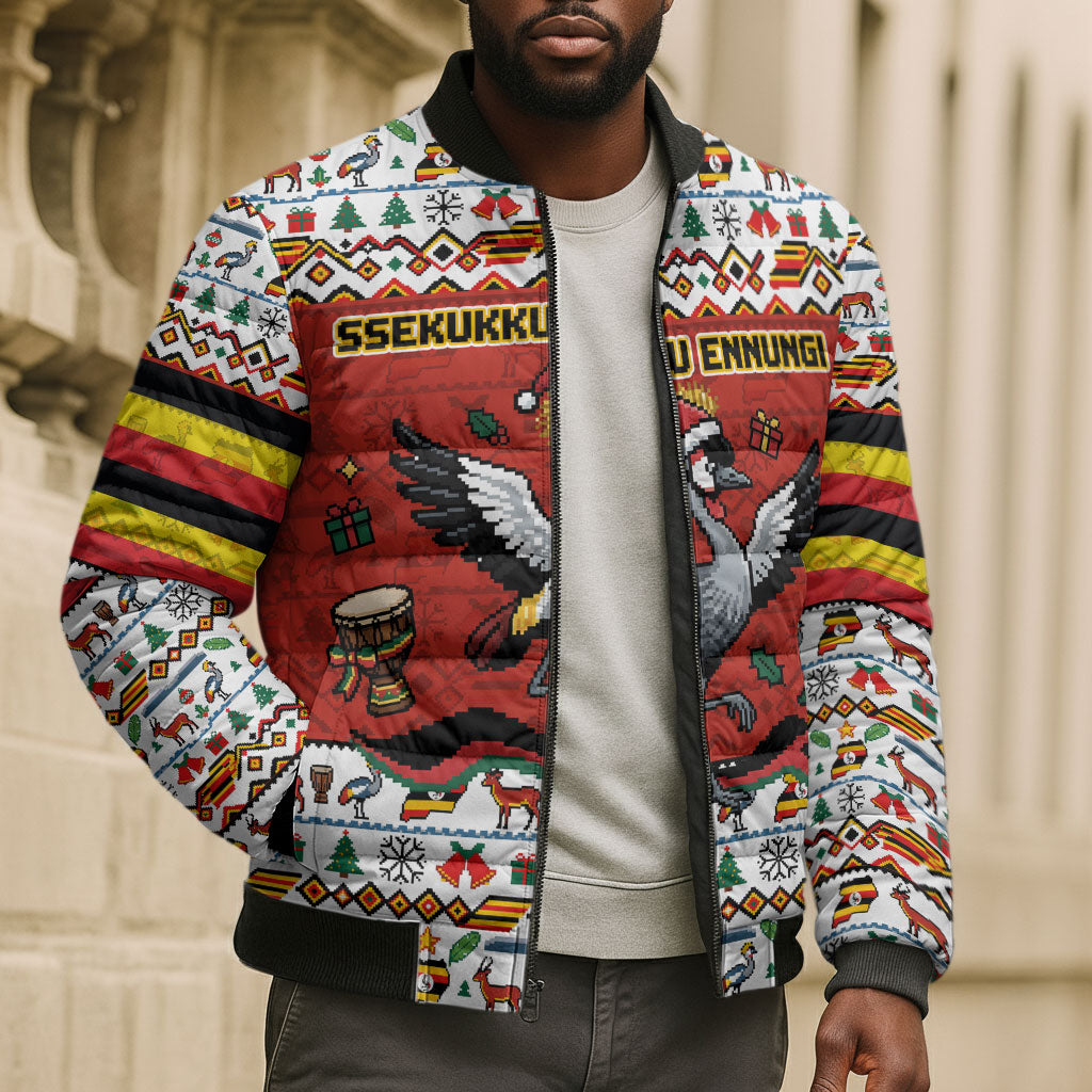 Uganda Christmas Crested Crane Bomber Puffer Jacket Ugandan Kob - Map Flag - Ssekukkulu Ennungi - Ugly Pixel Art