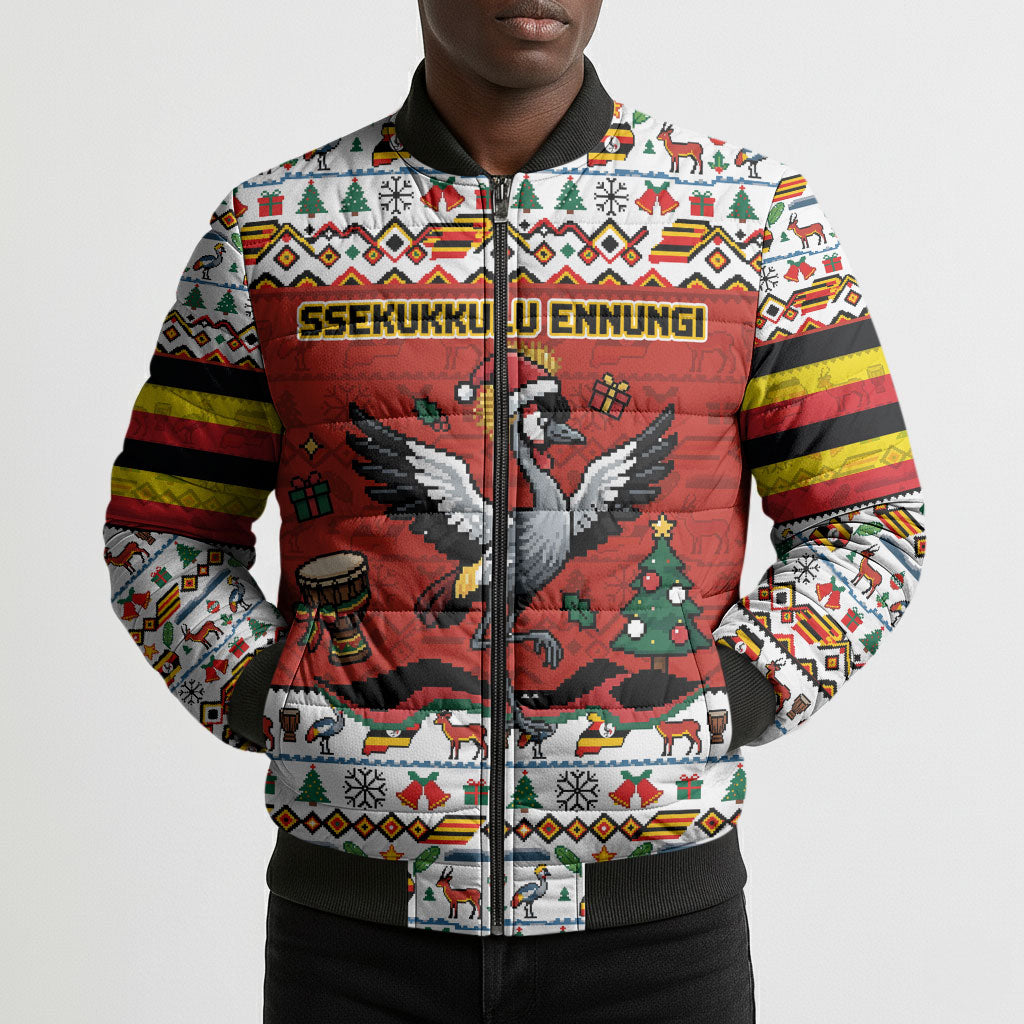 Uganda Christmas Crested Crane Bomber Puffer Jacket Ugandan Kob - Map Flag - Ssekukkulu Ennungi - Ugly Pixel Art