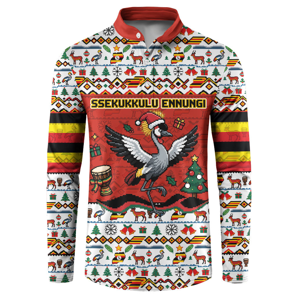 Uganda Christmas Crested Crane Button Sweatshirt Ugandan Kob - Map Flag - Ssekukkulu Ennungi - Ugly Pixel Art