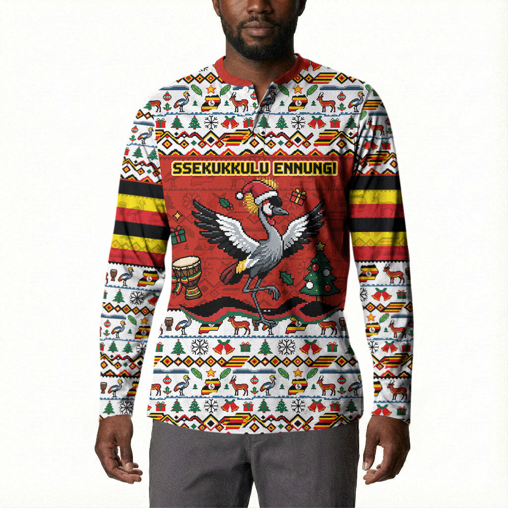 Uganda Christmas Crested Crane Button Sweatshirt Ugandan Kob - Map Flag - Ssekukkulu Ennungi - Ugly Pixel Art