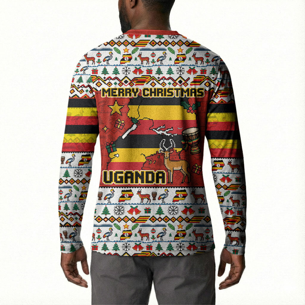 Uganda Christmas Crested Crane Button Sweatshirt Ugandan Kob - Map Flag - Ssekukkulu Ennungi - Ugly Pixel Art