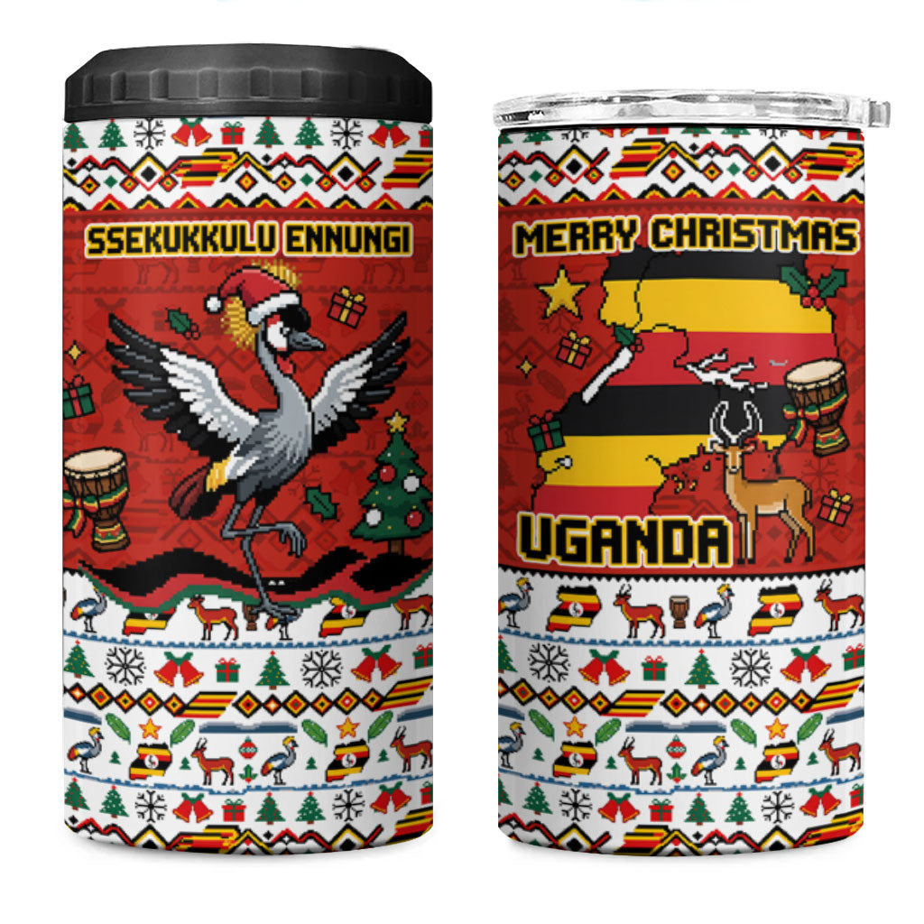 Uganda Christmas Crested Crane 4 in 1 Can Cooler Tumbler Ugandan Kob - Map Flag - Ssekukkulu Ennungi - Ugly Pixel Art