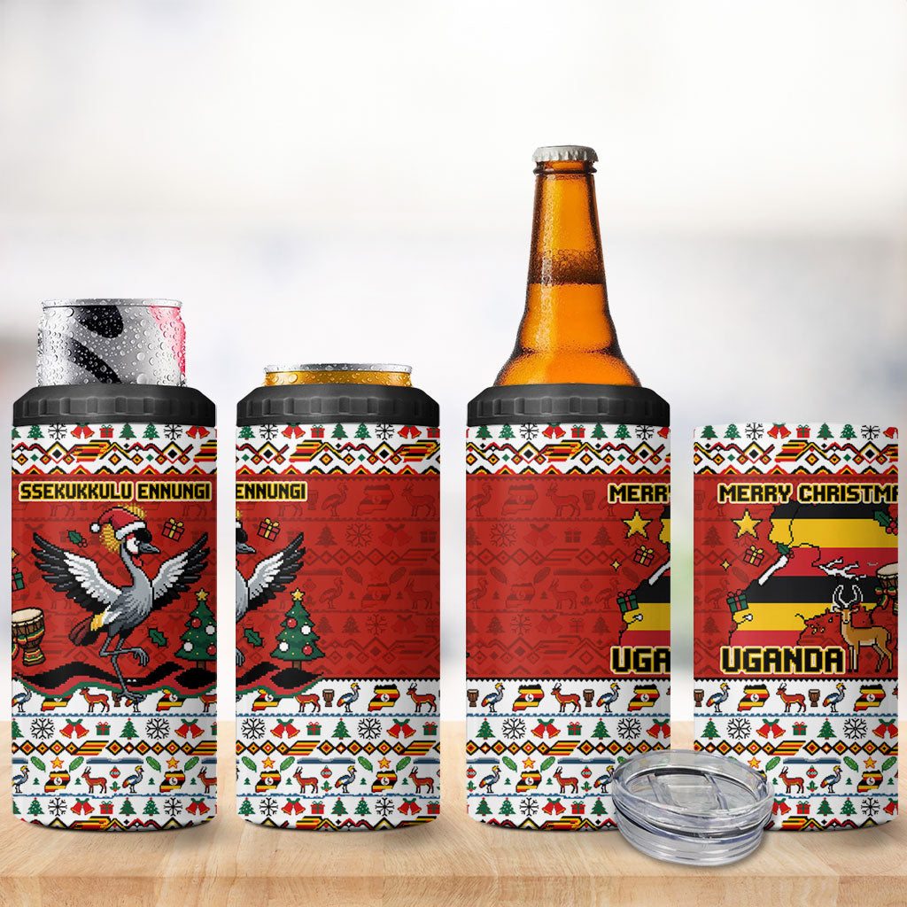 Uganda Christmas Crested Crane 4 in 1 Can Cooler Tumbler Ugandan Kob - Map Flag - Ssekukkulu Ennungi - Ugly Pixel Art