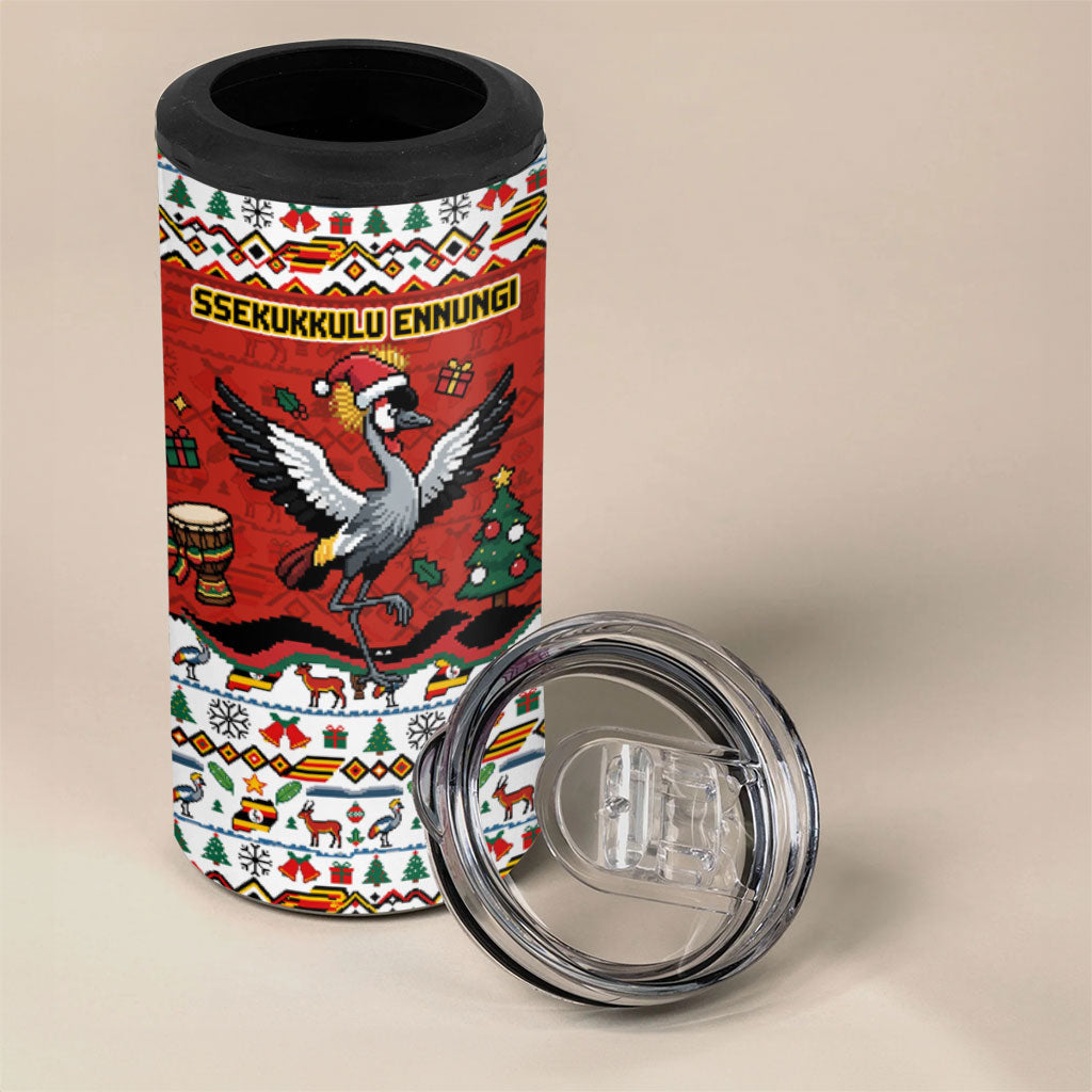 Uganda Christmas Crested Crane 4 in 1 Can Cooler Tumbler Ugandan Kob - Map Flag - Ssekukkulu Ennungi - Ugly Pixel Art