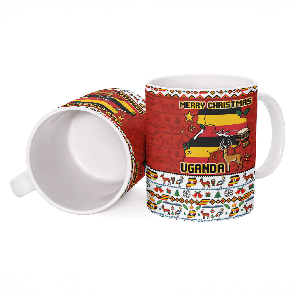 Uganda Christmas Crested Crane Ceramic Mug Ugandan Kob - Map Flag - Ssekukkulu Ennungi - Ugly Pixel Art