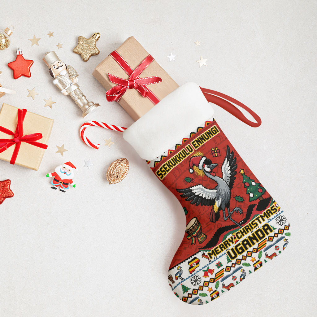 Uganda Christmas Crested Crane Christmas Stocking Ugandan Kob - Map Flag - Ssekukkulu Ennungi - Ugly Pixel Art