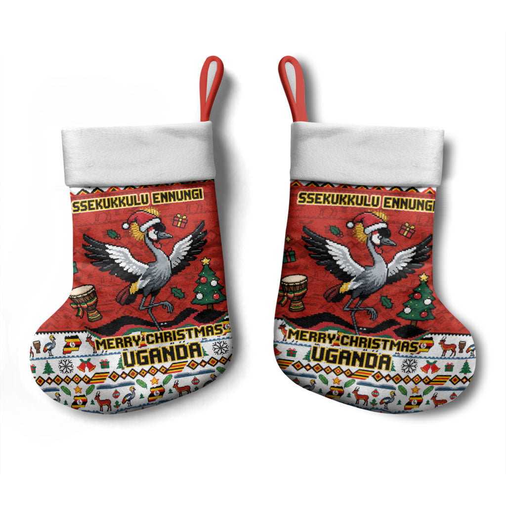 Uganda Christmas Crested Crane Christmas Stocking Ugandan Kob - Map Flag - Ssekukkulu Ennungi - Ugly Pixel Art