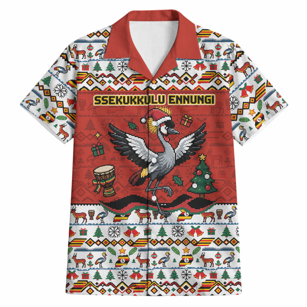Uganda Christmas Crested Crane Hawaiian Shirt Ugandan Kob - Map Flag - Ssekukkulu Ennungi - Ugly Pixel Art