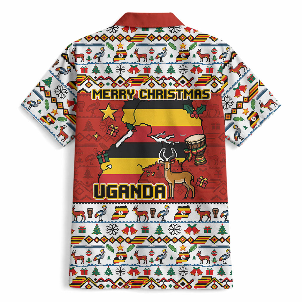 Uganda Christmas Crested Crane Hawaiian Shirt Ugandan Kob - Map Flag - Ssekukkulu Ennungi - Ugly Pixel Art