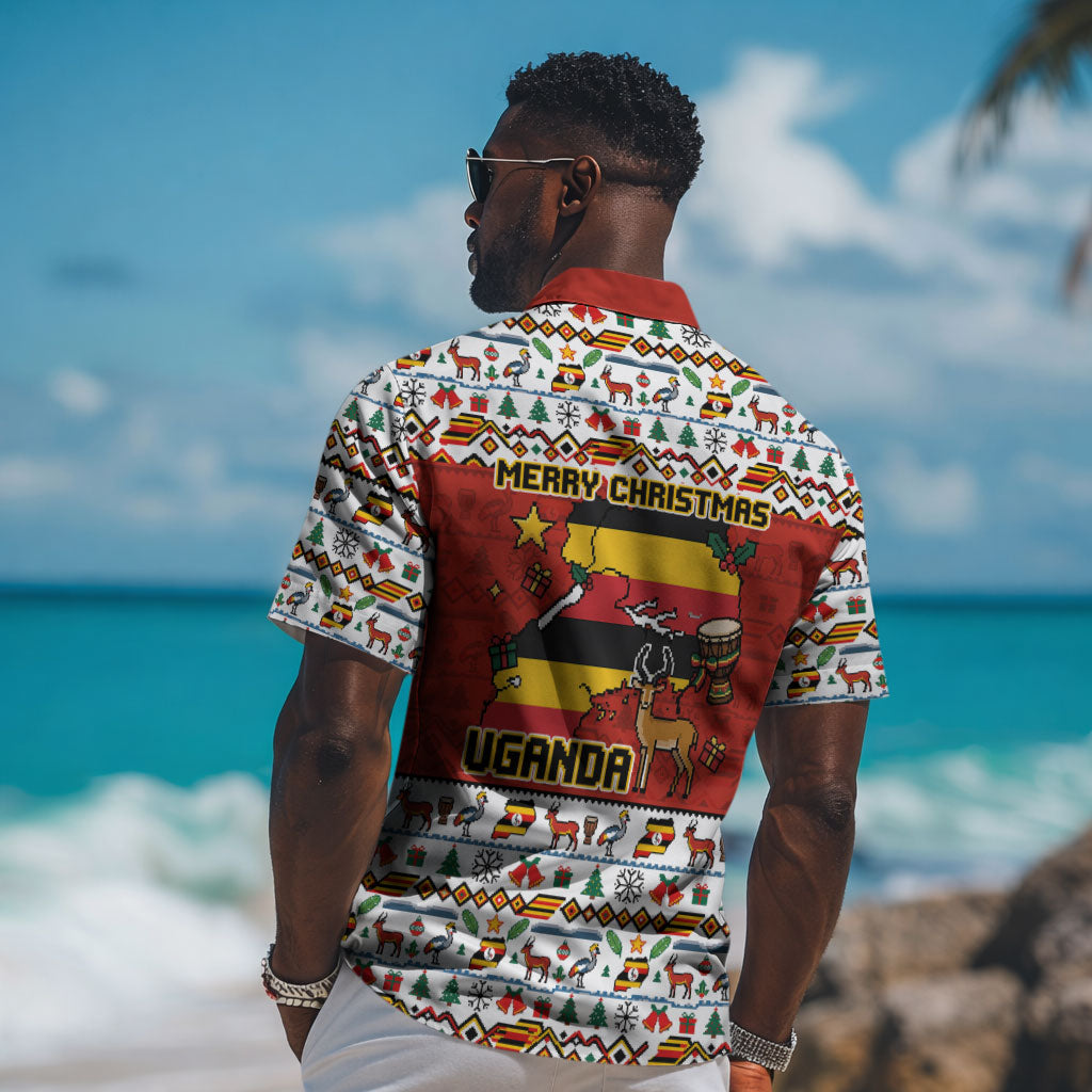 Uganda Christmas Crested Crane Hawaiian Shirt Ugandan Kob - Map Flag - Ssekukkulu Ennungi - Ugly Pixel Art