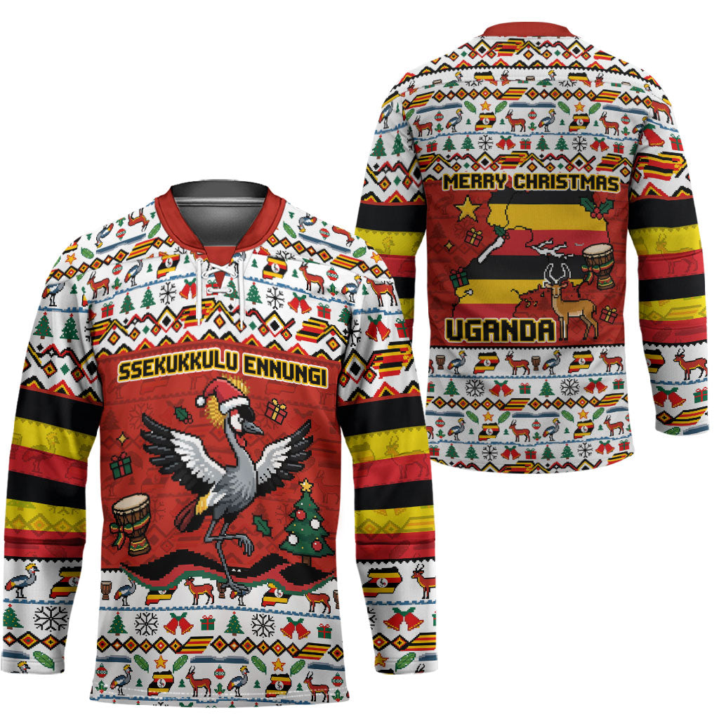 Uganda Christmas Crested Crane Hockey Jersey Ugandan Kob - Map Flag - Ssekukkulu Ennungi - Ugly Pixel Art