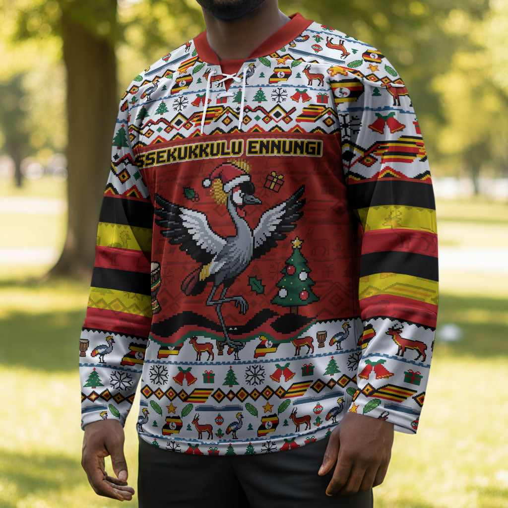 Uganda Christmas Crested Crane Hockey Jersey Ugandan Kob - Map Flag - Ssekukkulu Ennungi - Ugly Pixel Art
