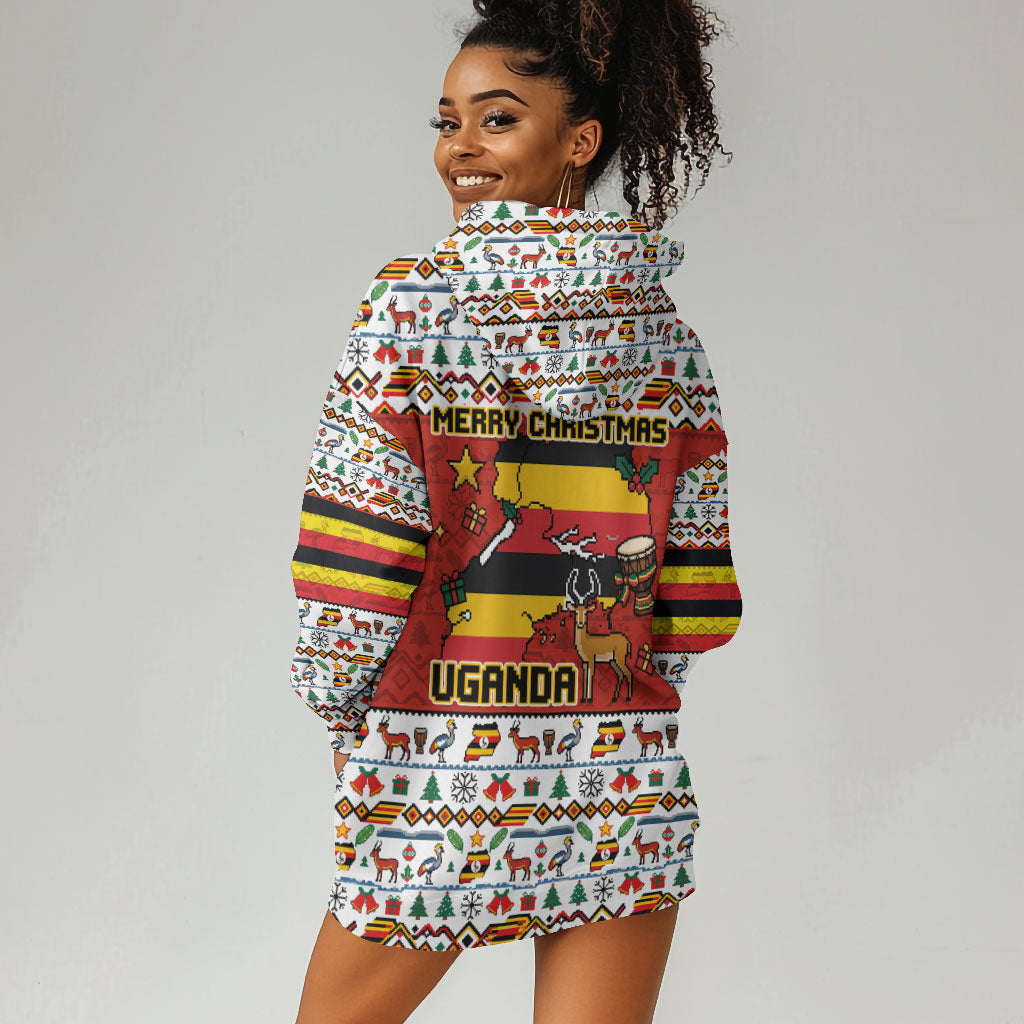 Uganda Christmas Crested Crane Hoodie Dress Ugandan Kob - Map Flag - Ssekukkulu Ennungi - Ugly Pixel Art