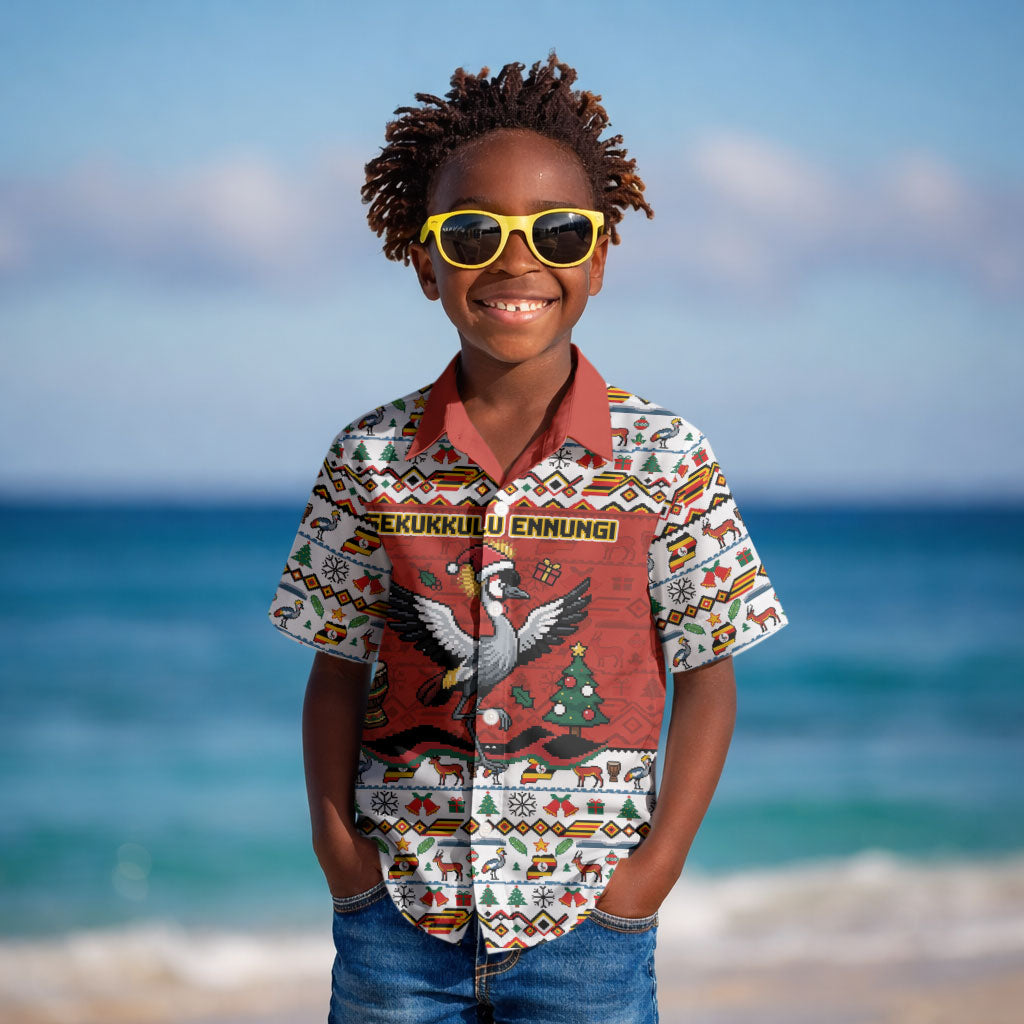 Uganda Christmas Crested Crane Kid Hawaiian Shirt Ugandan Kob - Map Flag - Ssekukkulu Ennungi - Ugly Pixel Art