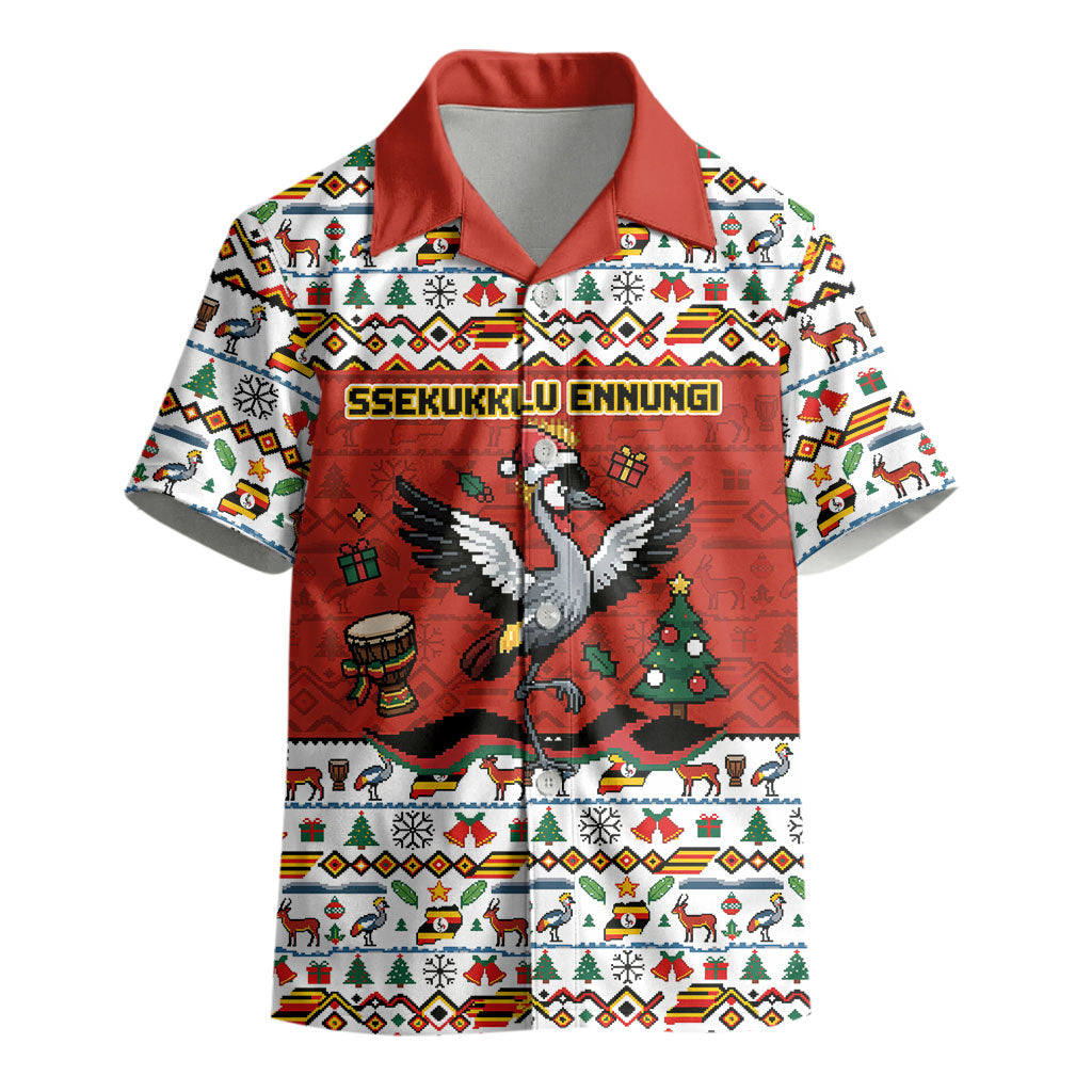 Uganda Christmas Crested Crane Kid Hawaiian Shirt Ugandan Kob - Map Flag - Ssekukkulu Ennungi - Ugly Pixel Art