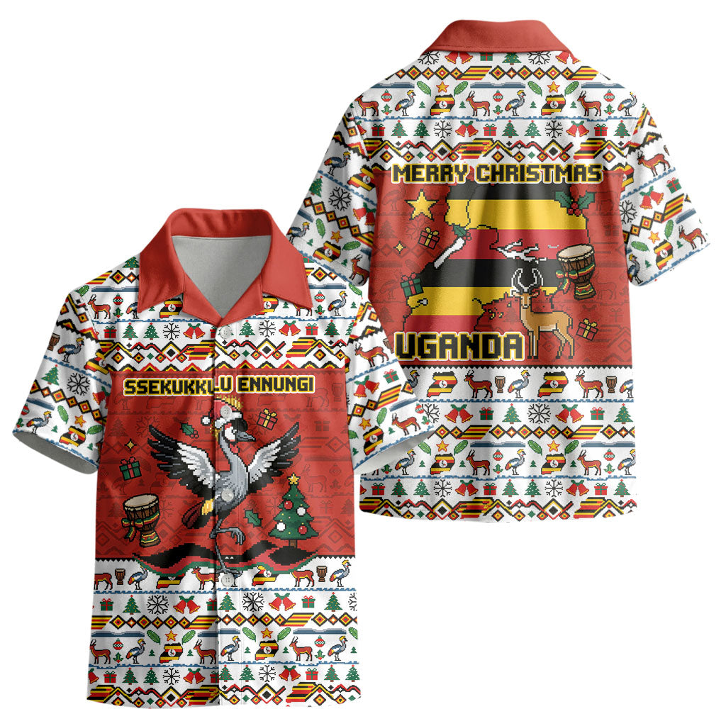 Uganda Christmas Crested Crane Kid Hawaiian Shirt Ugandan Kob - Map Flag - Ssekukkulu Ennungi - Ugly Pixel Art