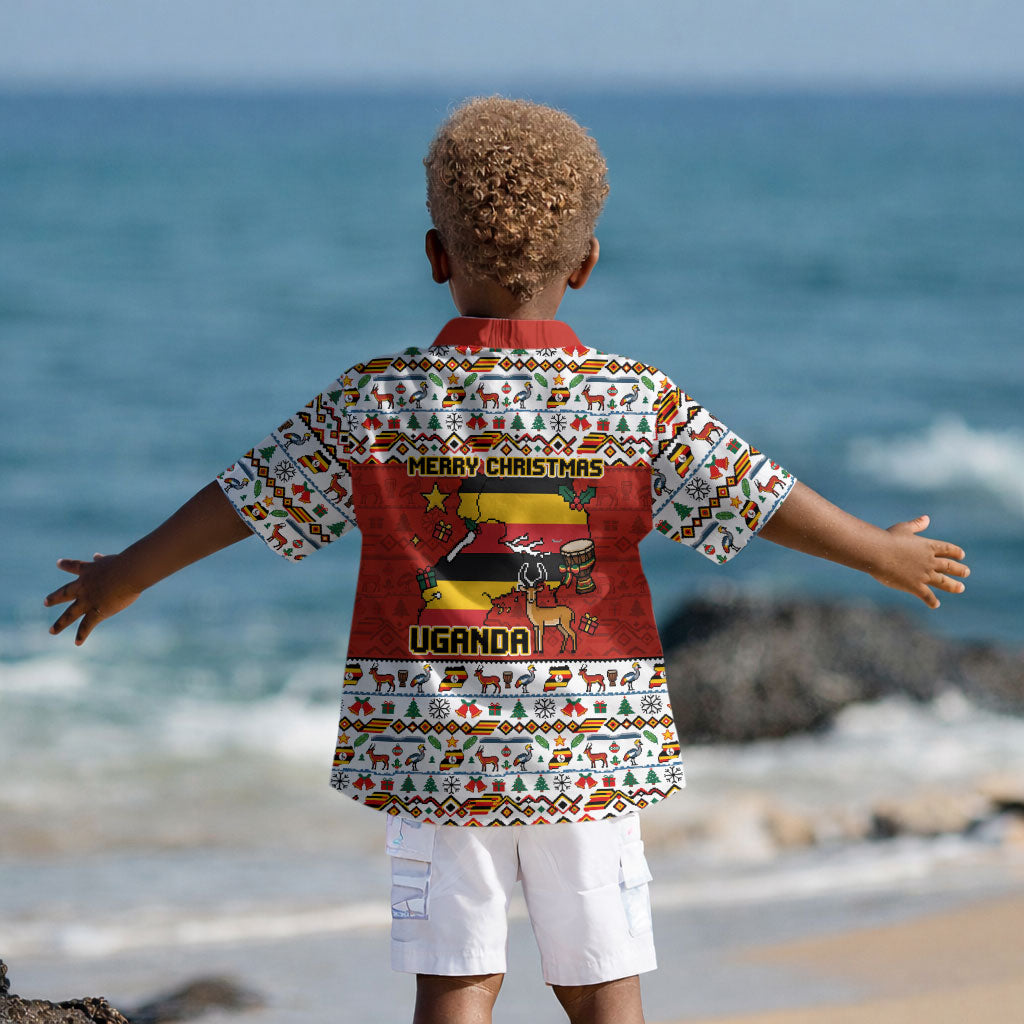 Uganda Christmas Crested Crane Kid Hawaiian Shirt Ugandan Kob - Map Flag - Ssekukkulu Ennungi - Ugly Pixel Art