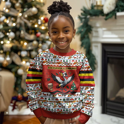 Uganda Christmas Crested Crane Kid Ugly Christmas Sweater Ugandan Kob - Map Flag - Ssekukkulu Ennungi - Ugly Pixel Art